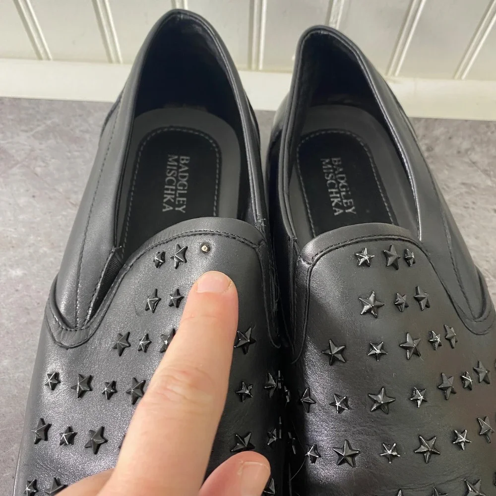 Badgley Mischka Mens Black Leather Star Studded Slip On Sneakers Size 12 Loafers